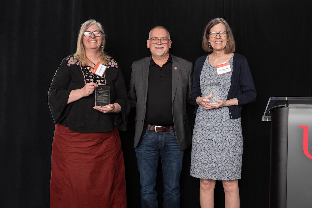 In this photo, UC's Susan Brammer and Amy Koshoffer pose with Vice President for Research Pat Limbach. Photo/Margot Harknett